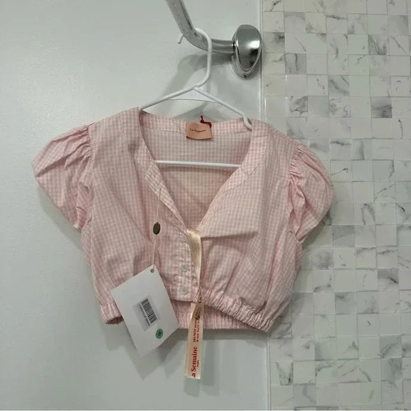 La Semaine Paris Pink Gingham Top Size 36 - Picture 8 of 9